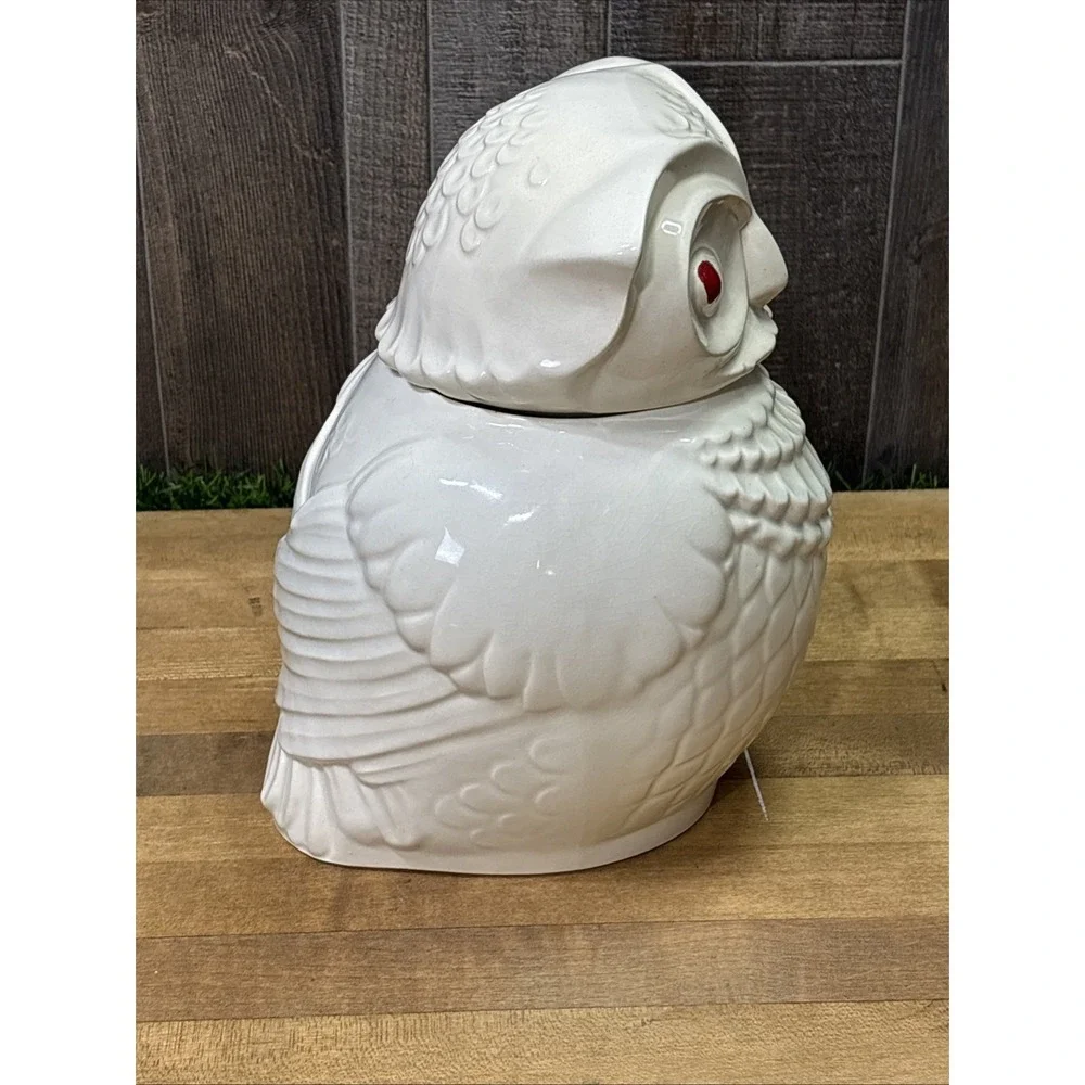 Vintage 1940s American Bisque Owl Cookie Jar Ivory Red Eyes Mid Century